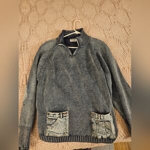 Womens Vintage Blue Sweater with Denim Accents